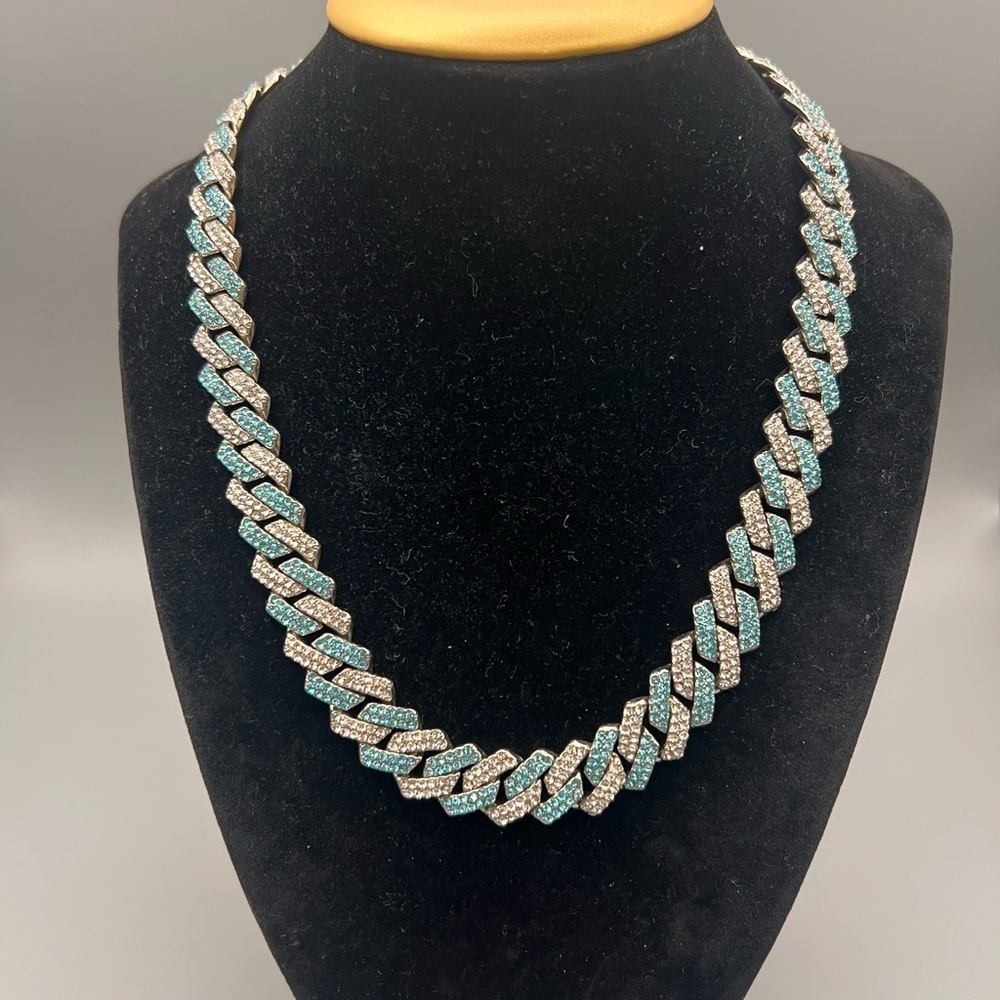 ✨ 16” 14mm Iced Cuban Link Chain Necklace — Silver & Turquoise CZ ✨